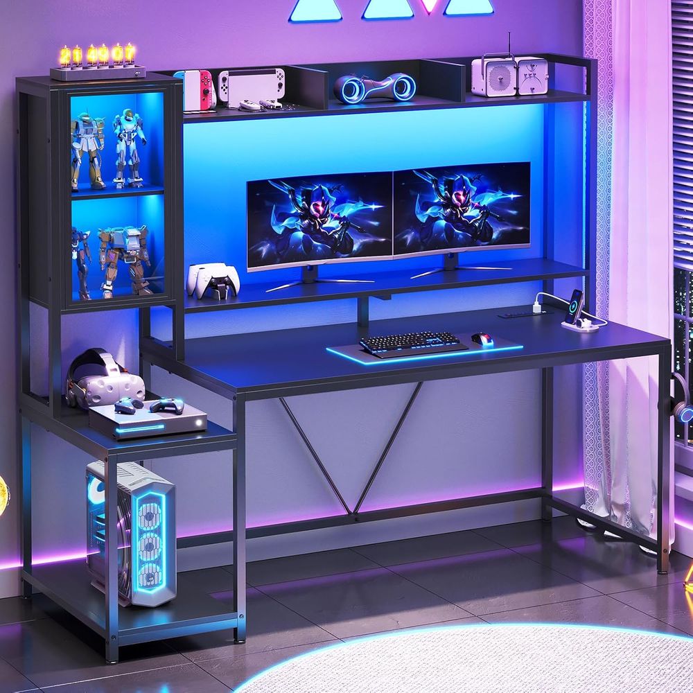 Lighting - 60-Zoll-Gaming-Schreibtisch mit Stauraum, Aufsatzregal, Vitrine und